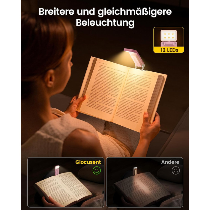 Світлодіодна кліпса для читання Glocusent 12 LED з затискачем, рожева: лампа для книги в ліжко, 5 кольорів, 5 рівнів яскравості, 100 годин роботи, для дітей та любителів читати