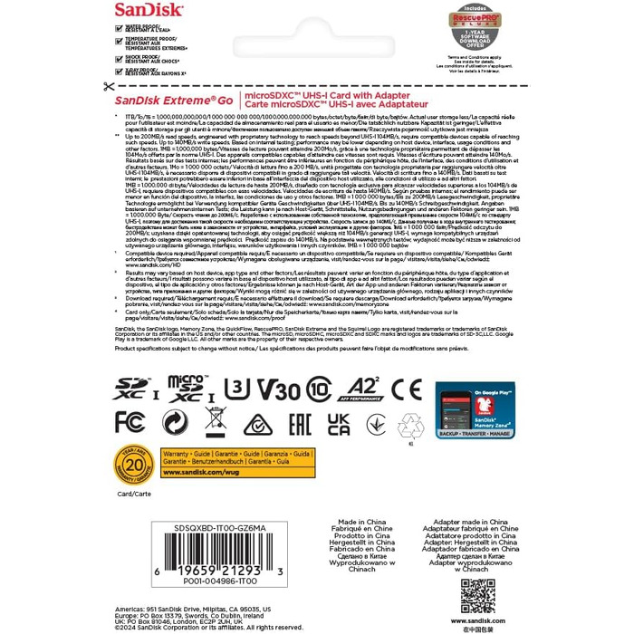 Карта пам'яті SanDisk 128GB Extreme microSDXC з адаптером, швидкість читання до 190МБ/с, клас U3, V30