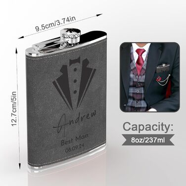 Набір фляга з гравіюванням гір, фляга з нержавіючої сталі 237мл/8oz, персоналізований подарунок на день народження для чоловіків, кемперів, туристів (сірий)