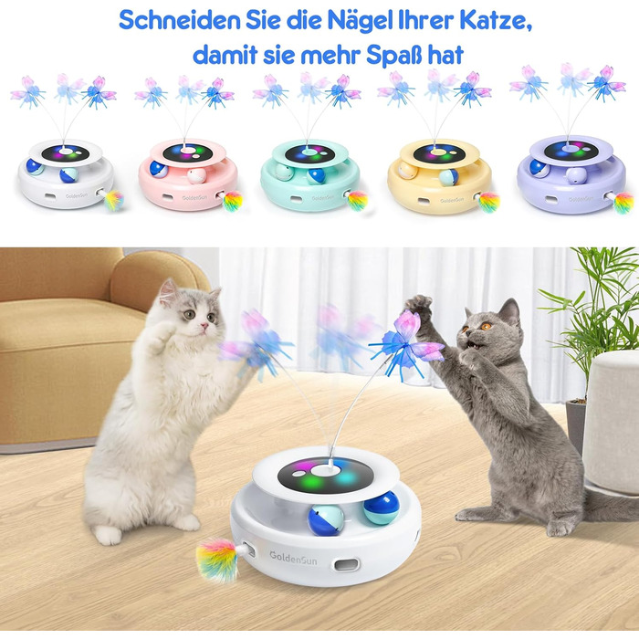GoldenSun Cat Toy, 3 in 1 Electric Interactive Automatic Toy for Cats, Whack-A-Mole, Fluttering Butterfly, including Ball, USB Rechargeable Cat Teaser with 6 Attachments (Z 3 Butterfly)