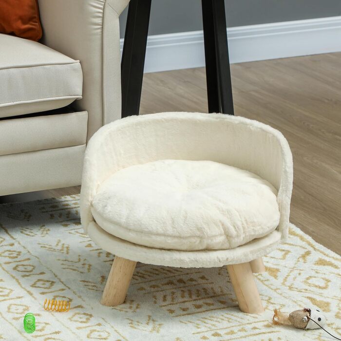 PawHut Софа для собак з подушкою, дерев'яні ніжки, миється, підняте ліжко для домашніх тварин, софа для котів та маленьких собак, 40,5 x 40,5 x 33 см (кремово-білий)