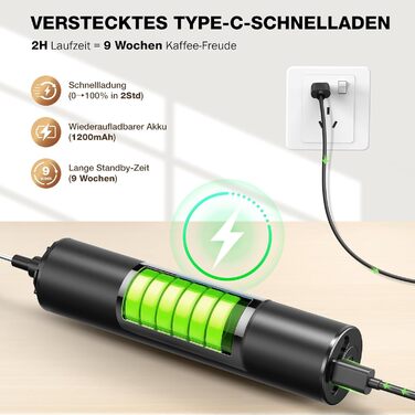 Електричний спінювач молока POWERLIX Pro 3-в-1: ручний, USB-C, 10 000 об/хв, для капучино, лате макіато, знімна насадка, чорний