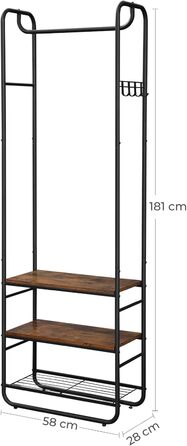 VASAGLE Coat Rack, Coat Stand, Clothes Rack with Shoe Storage, Shoe Shelf, Entryway, Bedroom, 58 x 28 x 181 cm, Scandinavian, Matt White-Gold Oak Finish HSR81WN (Vintage Brown + Black)