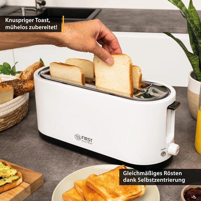 Тостер First Austria 4-х секційний з широким прорізом, 1400 Вт з піддоном для крихт | Підставка для тостів | Теплоізольований корпус, регулювання температури, корпус з нержавіючої сталі, функція розморожування, центрування хліба 1400 Вт - білий