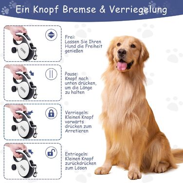 Висувна поводок для собак VTOPVMAX 8м - для середніх та великих собак до 50 кг, з відкидним тросом, контейнером для відходів та гальмом (білий)