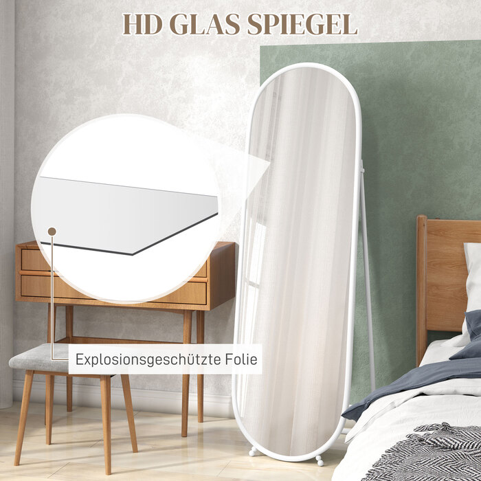 HOMCOM Full Length Mirror, 160 x 40 cm Wall Mirror with Stand, Metal Frame, Oval Standing Mirror for Living Room, Bedroom, White | Aosom
