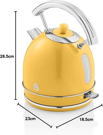 Електричний чайник Swan Retro SK14630YELN, 1.8 л, жовтий, з автовимкненням, бездротовий, з нержавіючої сталі, 3000 Вт