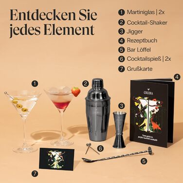 Коктейльний набір Cocora Martini-Set 8 предметів з нержавіючої сталі: шейкер, келихи для Мартіні, книга рецептів, подарункова упаковка (Чорний)