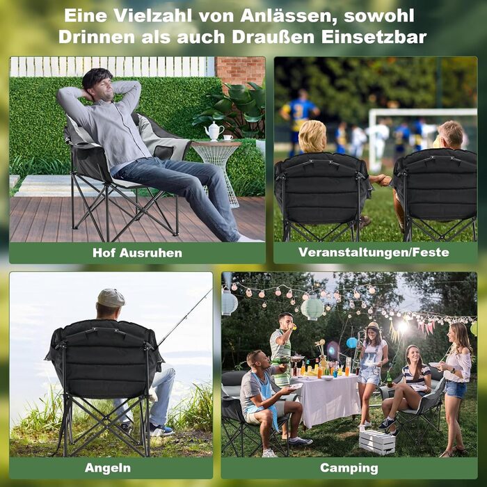 Кемпінговий стілець складний (200 кг) з подушкою 6 см - великий, для риболовлі, кемпінгу, саду та фестивалів - міцний, з бічними кишенями та сумкою для перенесення, чорно-сірий