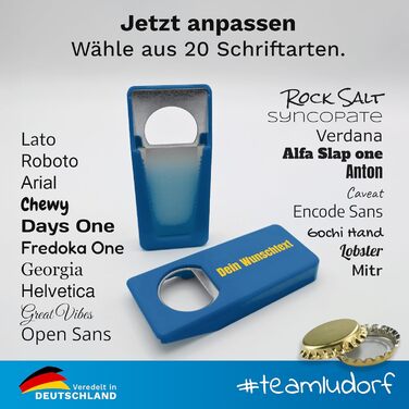 Персоналізований відкривачка для пляшок #teamludorf, з кришкою, синій, друк фото та тексту, 7 кольорів