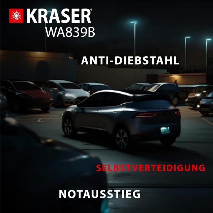 Протиугінний замок на кермо KRASER WA839B з аварійним молотком, універсальна блокіратора керма для авто, висока безпека, видимий та відлякуючий, підходить для легкових автомобілів та кемперів