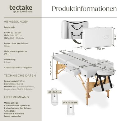 Масажний стіл Tectake з 2 зонами, складний, з 7,5 см підкладкою, мобільний, з підголівником та підлокітниками, масажна кушетка з дерев'яними ніжками, 2 ролики, сумка для перенесення - (Білий)