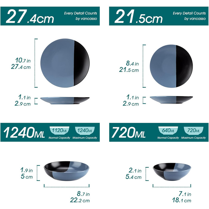 Посуд Vancasso Accel 16 предметів: набір тарілок та мисок для 4 осіб, кераміка, блакитно-чорний, глянцева глазур