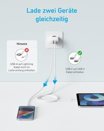 Зарядний пристрій Anker 20W USB-C, адаптер живлення для iPad, швидка зарядка, сумісний з iPhone 17/16/15, кабель USB-C 150 см