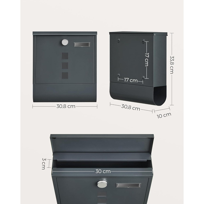 Поштова скринька SONGMICS з замком, оглядовим вікном та відділенням для газет, антрацит, 33.8x30.8x10 см