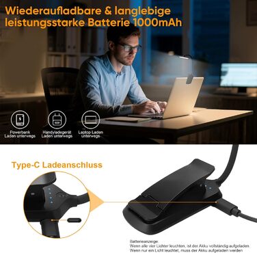 LED лампа для читання на прищіпці з акумулятором, нічник з 24 LED для дітей, USB перезарядна лампа з 3 режимами колірної температури та 5 рівнями регулювання яскравості, гнуший лебединий шийний кріплення для читання в ліжку, чорний