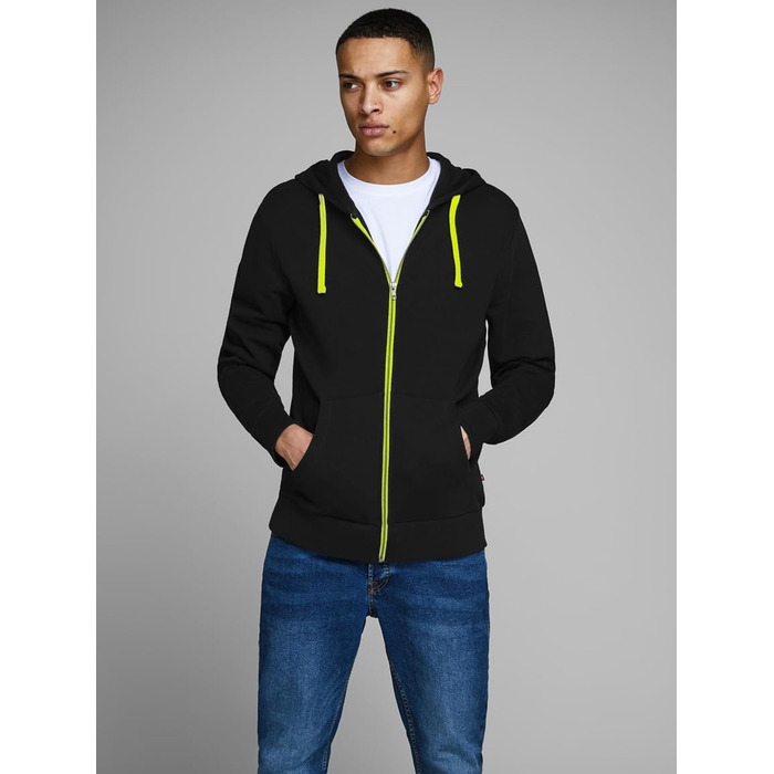 Чоловіча толстовка-худі на блискавці Jack & Jones Jjehomen Noos, Regular Fit, чорна з жовтими елементами, розмір XXL