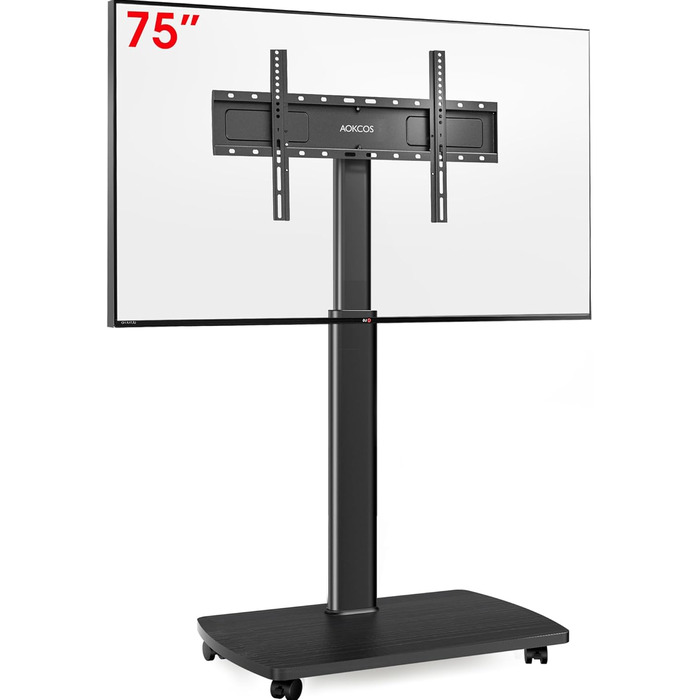 AOKCOS Rolling TV Stand with Shelf - Adjustable Height & Swivel - Fits 43-75 inch TVs (up to 50kg) - VESA 600x400mm - White & Natural Wood Finish