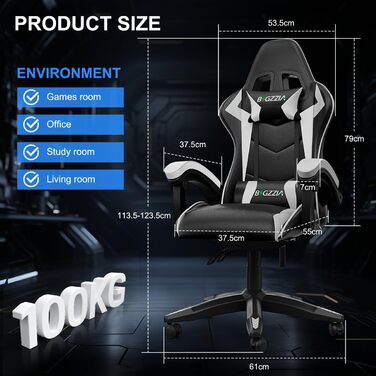 Геймерське крісло Bigzzia Ergonomisch з підтримкою попереку та голови, Bluetooth, чорно-біле, регульована висота, для підлітків та дорослих