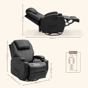 HOMCOM Electric Massage Chair, 165° Reclining, 5 Massage Modes, Footrest, Remote Control, Recliner, Faux Leather, Black, 84x92x109cm | Aosom