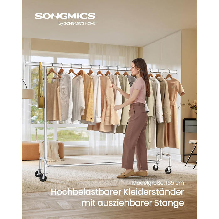 SONGMICS Clothes Rack on Wheels, Coat Rack, Heavy-Duty, Extendable Clothes Rod, Load Capacity up to 110 kg, 45 x (160-200) x 162.9 cm, Metal, Chrome, Silver HSR176E01
