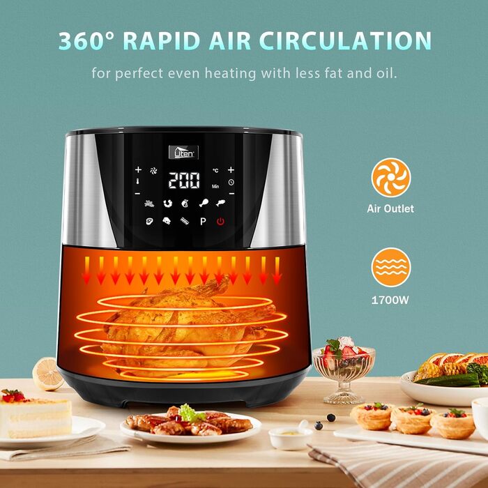 Електрична фритюрниця Uten 5.5L XXL з гарячим повітрям, 1700W, таймер, антипригарне покриття, для 2-8 осіб, чорна