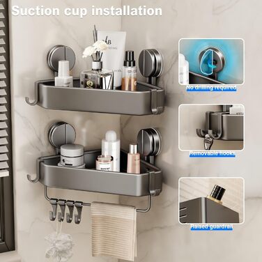 Поличка для душу без свердління, кутова поличка з присосками, органайзер для ванної кімнати, корзина для душу з тримачем для рушників та знімними гачками, сіра (1 шт.)