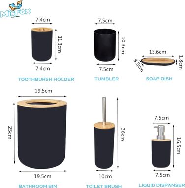 Набір для ванної кімнати MisFox з бамбука (6 предметів): диспенсер для лосьйону, сміттєвий бак, тримач для зубних щіток, стаканчик для зубної пасти, щітка для унітазу, мильниця. Чорний колір.