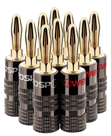 Позолочені бананові роз'єми FosPower для акустичних кабелів, сабвуфера та стінових панелей, 24K Gold, High-End (10 шт / 5 пар: 5 червоних, 5 білих)