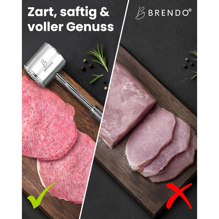 Преміум Fleischklopfer від Brendo: м'ясорубка з масивного нержавіючої сталі, двостороння, з плоскою та зубчастою поверхнею для будь-якого м'яса, + E-Book рецептів, придатна для миття в посудомийній машині, шніцельниця
