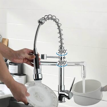 Кухонний змішувач з гнучким виливом, 360° поворот, 2 виходи, високий вилив, душова лійка, для мийки, брашований нікель