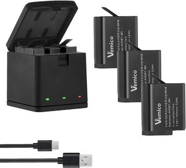 Зарядний комплект Vemico Hero 7/6/5: 3 акумулятори 1500mAh, зарядний пристрій з LED, Type-C, сумісний з Hero 7/6/5/2018, AHDBT-501