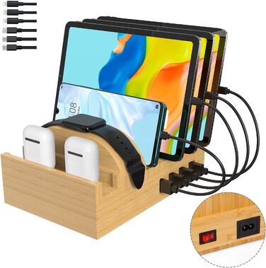 Багатофункціональна заряджна станція 5-в-1 з бездротовою зарядкою, світлом та годинником, бамбук, сумісна з годинниками, AirPods, Samsung Galaxy та іншими пристроями