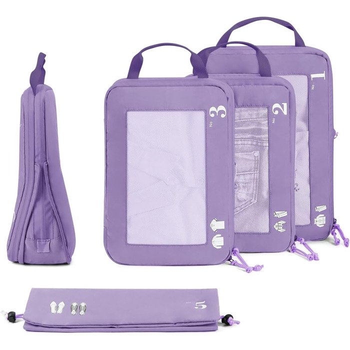 Набір органайзерів для валізи ECOHUB (5 шт.) - компресійні куби для подорожей, рюкзаки, валіза, органайзер для одягу (темно-зелений, світло-фіолетовий)