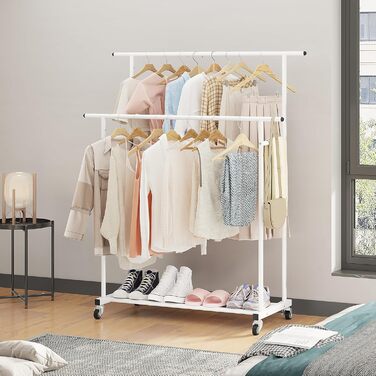 Підвісна штанга для одягу Calmootey з подвійною перекладиною, мобільна, для спальні, вітальні, магазину одягу, біла