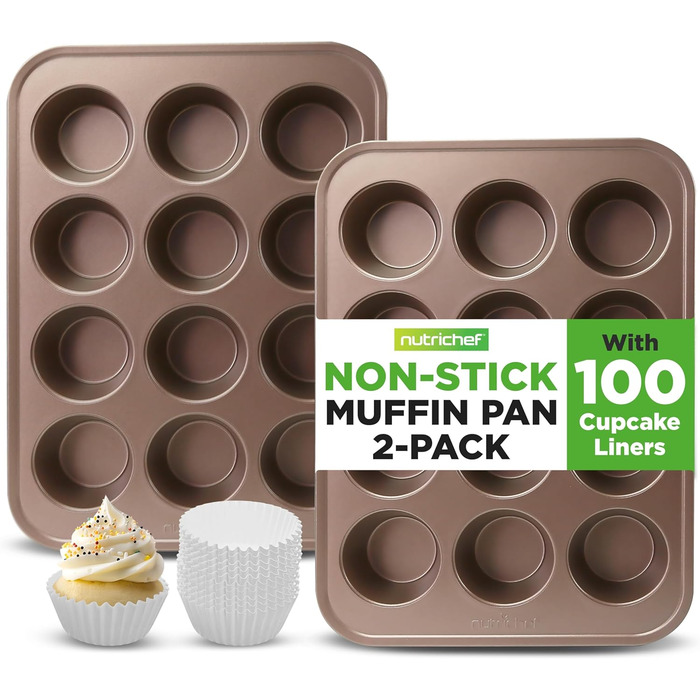 NutriChef 2-Piece Muffin Tin, Non-Stick Coated – PTFE-, PFOA-, PFOS & BPA-Free Muffin Tray – Muffin Sheet with 12 Cups, total 24 Pieces – Muffin Tin Made of Carbon Steel – Dishwasher Safe & with High Rim