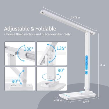 Світлодіодна лампа настільна з регулюванням яскравості та функцією зарядки годинника - настільна лампа нічник з бездротовим зарядним пристроєм 10W, USB-порт, складна, сенсорне керування, 5 рівнів регулювання, 3 режими (Tx223white-eu)