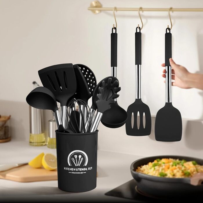 Набір кухонних помічників 45 предметів: силіконове кухонне приладдя, тримач, вінчик з нержавіючої сталі, половник, лопатка, придатне для миття в посудомийній машині, чорний