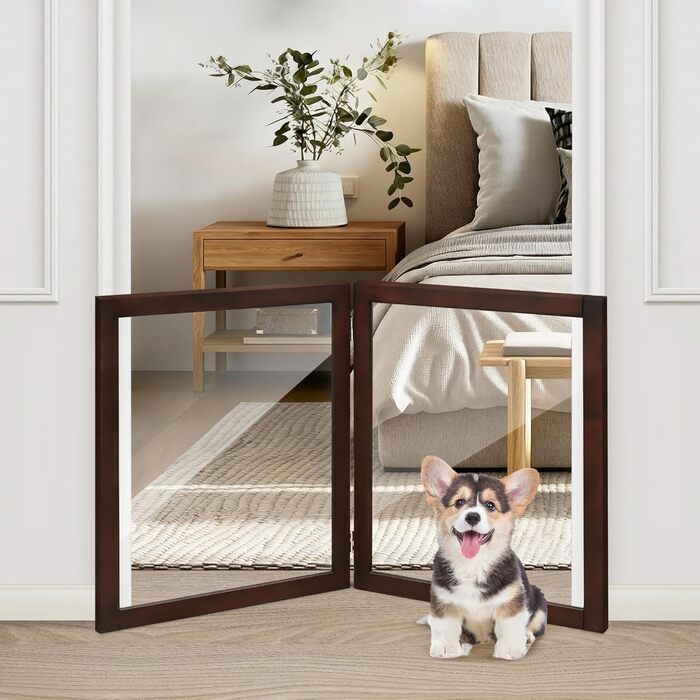 Дерев'яне перегороджувальне ґратка для собак, 4 панелі, широка, 76,2 см, складна, бар'єр для тварин, масивне дерево та сталевий дріт, захисне ґратка для дверей, коридорів, 30'Height-4 Panel (24'Height-2 Panel, Коричневий)