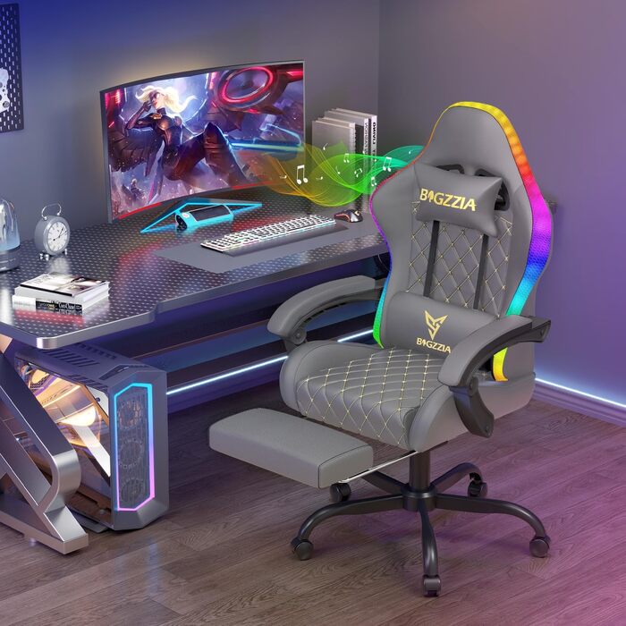 Ігрове крісло Racingreat RGB LED з підсвіткою, підніжкою та Bluetooth, сіро-чорне