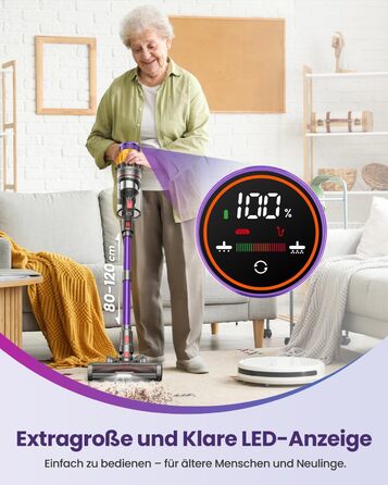 Бездротовий акумуляторний пилосос з 2 акумуляторами, 150 хв роботи, 55000 Па, 600 Вт, об'єм 2.0 л, з дисплеєм, антизаплутана щітка, самостійна парковка, настінна зарядка, 11-шарова фільтрація для шерсті тварин, килимів та твердих поверхонь