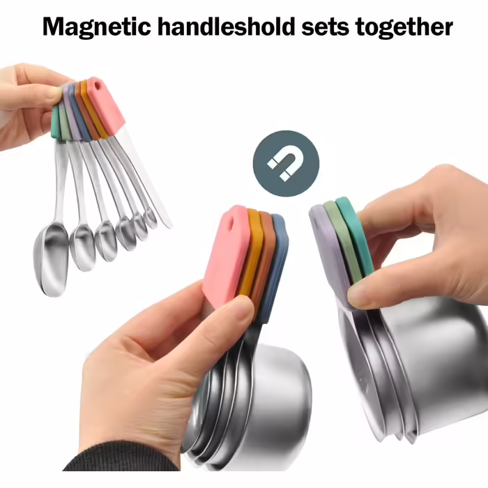 EDELIN Magnetic Measuring Cup and Spoon Set, Stainless Steel, 7 Cups and 6 Spoons with 1 Leveler, 18/8 304 Stainless Steel (Multicolor, 14 Sets)
