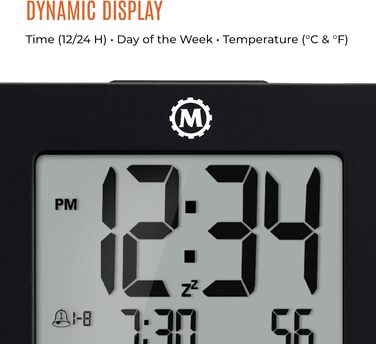 Marathon Alarm Clock | Digital Clock with Date, Temperature, and Calendar | Dual Alarm with Snooze Function and 7 Language Options | Backlit