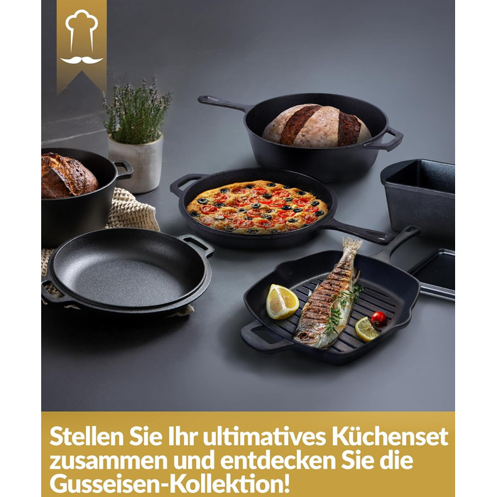 Чавунна гриль сковорода Chefarone 25.5 см з носиком – емальована сковорода для стейків, підходить для індукції, газу, склокераміки та духовки