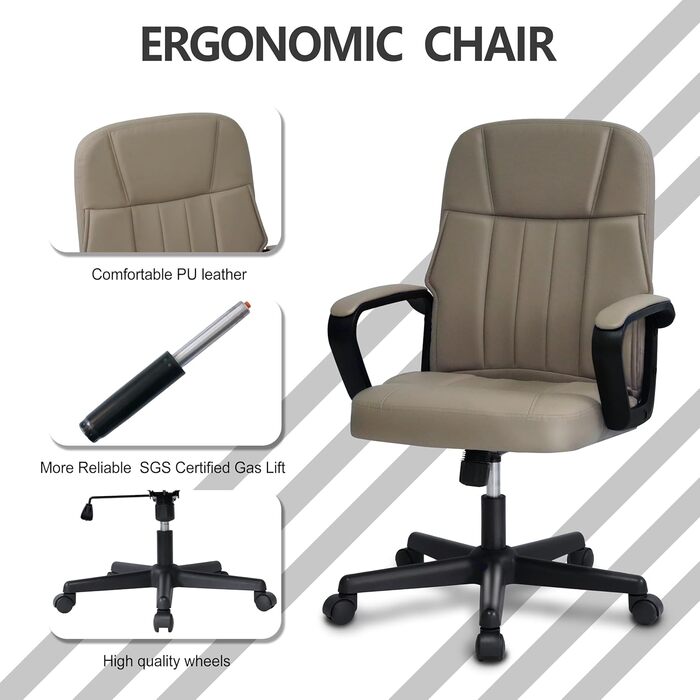 Офісне крісло MIXASTEP з PU-шкірою, регульована висота, поворотне, з підлокітниками, 360° коліщатка, для роботи, навчання, геймінгу (колір шампань)