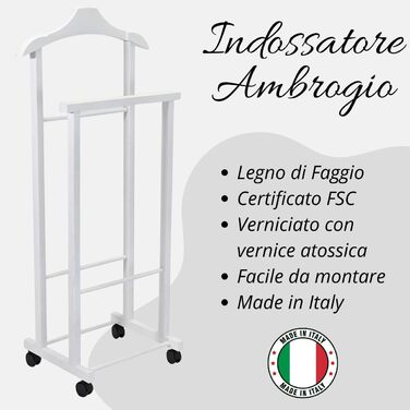 Tomaino - Valet's Bedroom Wood - Clothes Rack with Wheels Ambrogio - Modern Valet for Clothing and Accessories (White)