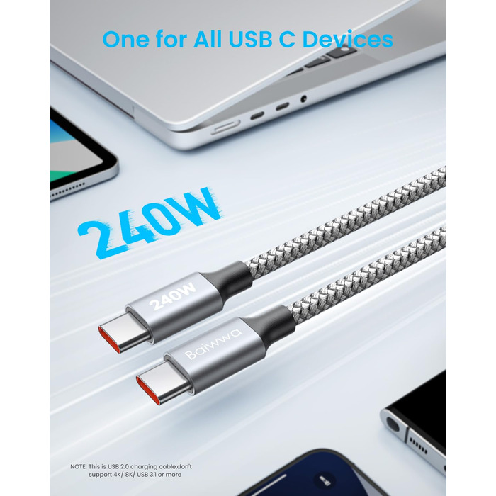 Кабель USB-C на USB-C 240W, 5A, 1.5м, білий: для iPhone, Samsung Galaxy