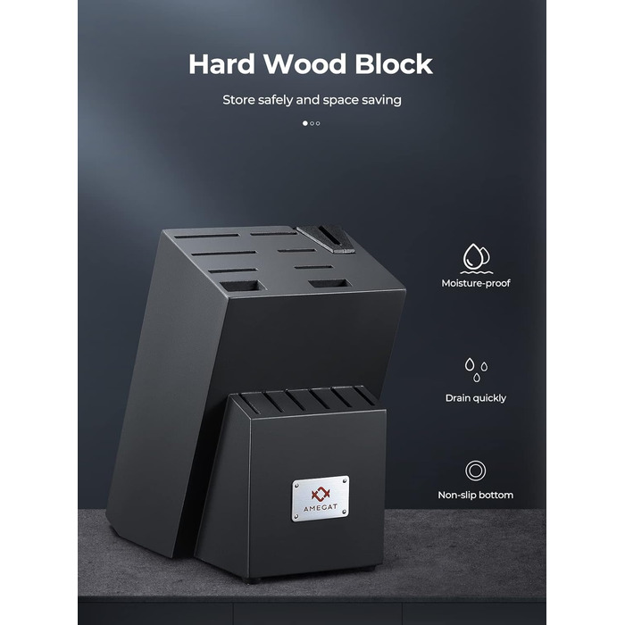 AMEGAT Self-Sharpening Knife Block Set with Carving Fork - Premium Stainless Steel Knife Set with Wooden Block - Vollerl & 3-Rivets Design