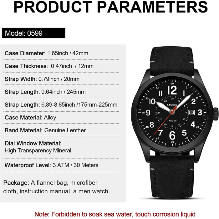 Годинник чоловічий LN LENQIN Military 30M водонепроникні кварцові годинники з датою на текстильному ремінці, тактичні годинники для чоловіків, чорний колір