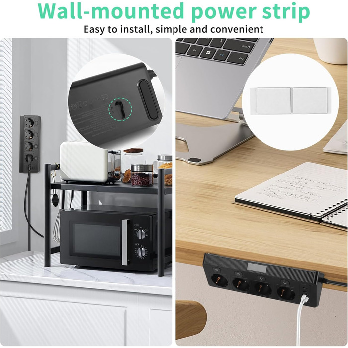 Багатофункціональна мережева розетка на кут 4-портова з USB та Type-C, захист від перенапруги, 2м кабель, для дому, білого/чорного кольору